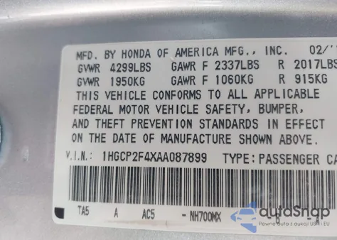 2010 Honda Accord 2.4 Lx-P z USA, uszkodzony, nr VIN 1HGCP2F4XAA087899